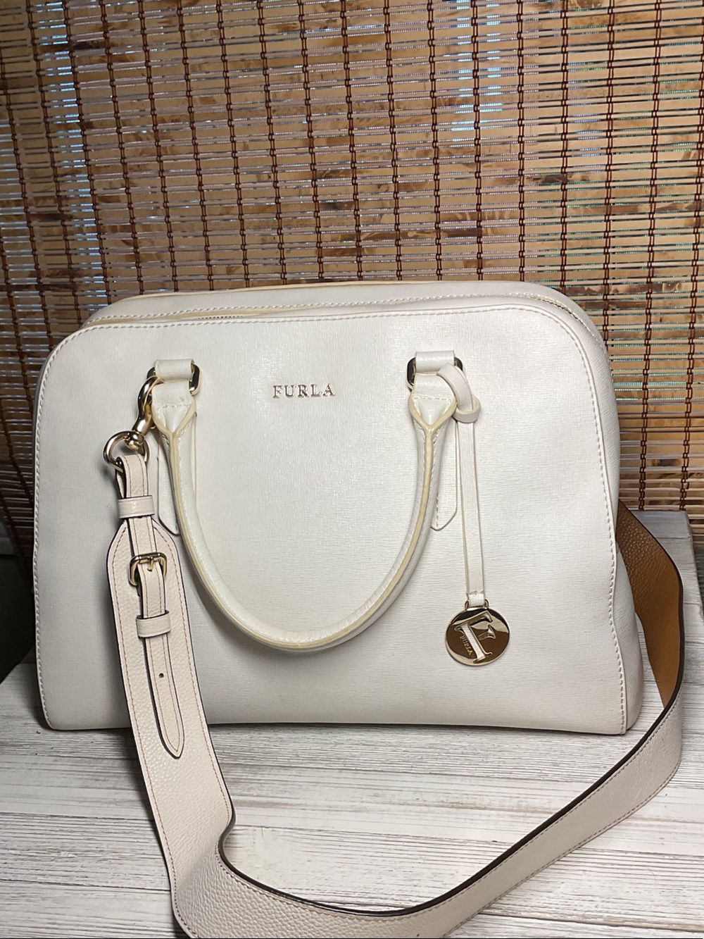 Furla Cream Leather Dome Satchel with Detachable Strap